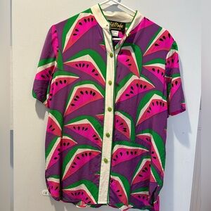 Bob Mackie Wearable Art Watermelon Print Button-Down Shirt – Purple & Green